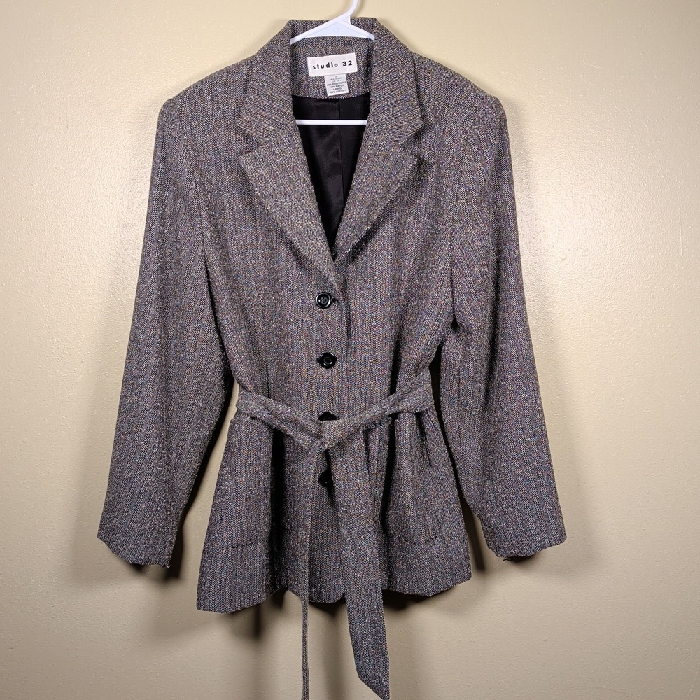 Studio 32 Women's Black Herringbone Pattern Blazer Jacket Size 14P Vintage